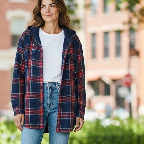 L.L. Bean Cotton Shacket Womens Medium Red & Blue Plaid Hooded Shirt Jacket - Picture 9 of 9